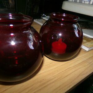 2 vintage ruby red depression glass vases.